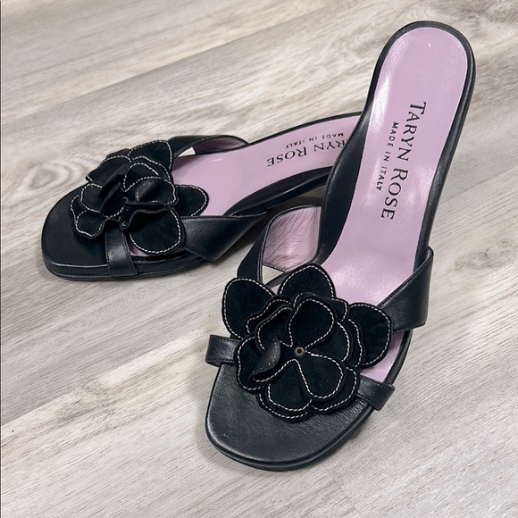Taryn Rose Black Suede Kitten Heel Sandals Floral Appliqué Slides Made in Italy - Picture 1 of 10